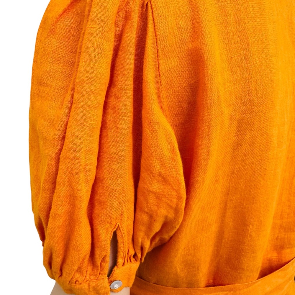 Zara 100% Linen Orange Wrap Dress Puff Sleeve Tie Waist Women’s Medium Portugal - Picture 10 of 12